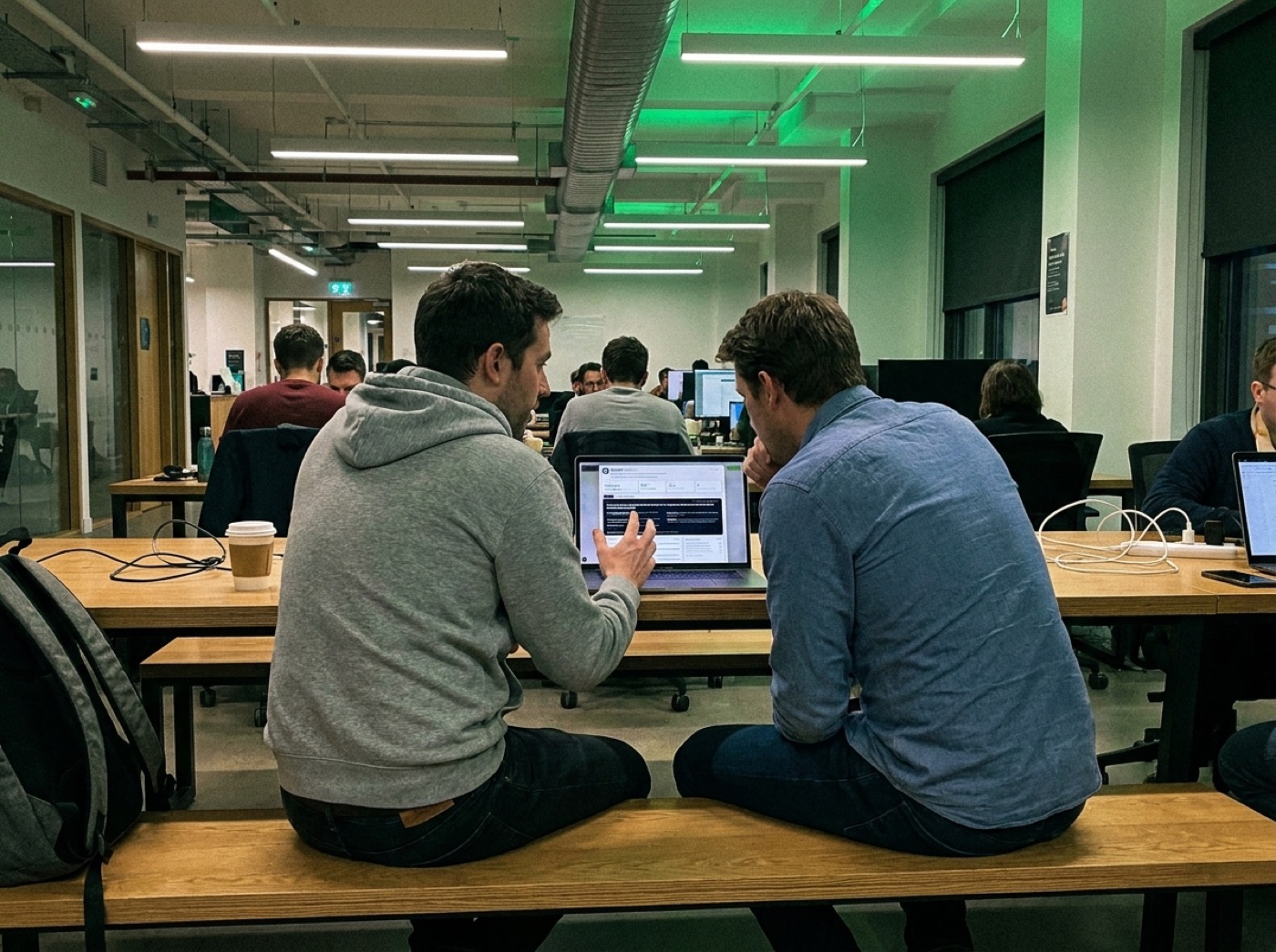 Two colleagues in a co-working space reviewing a profile